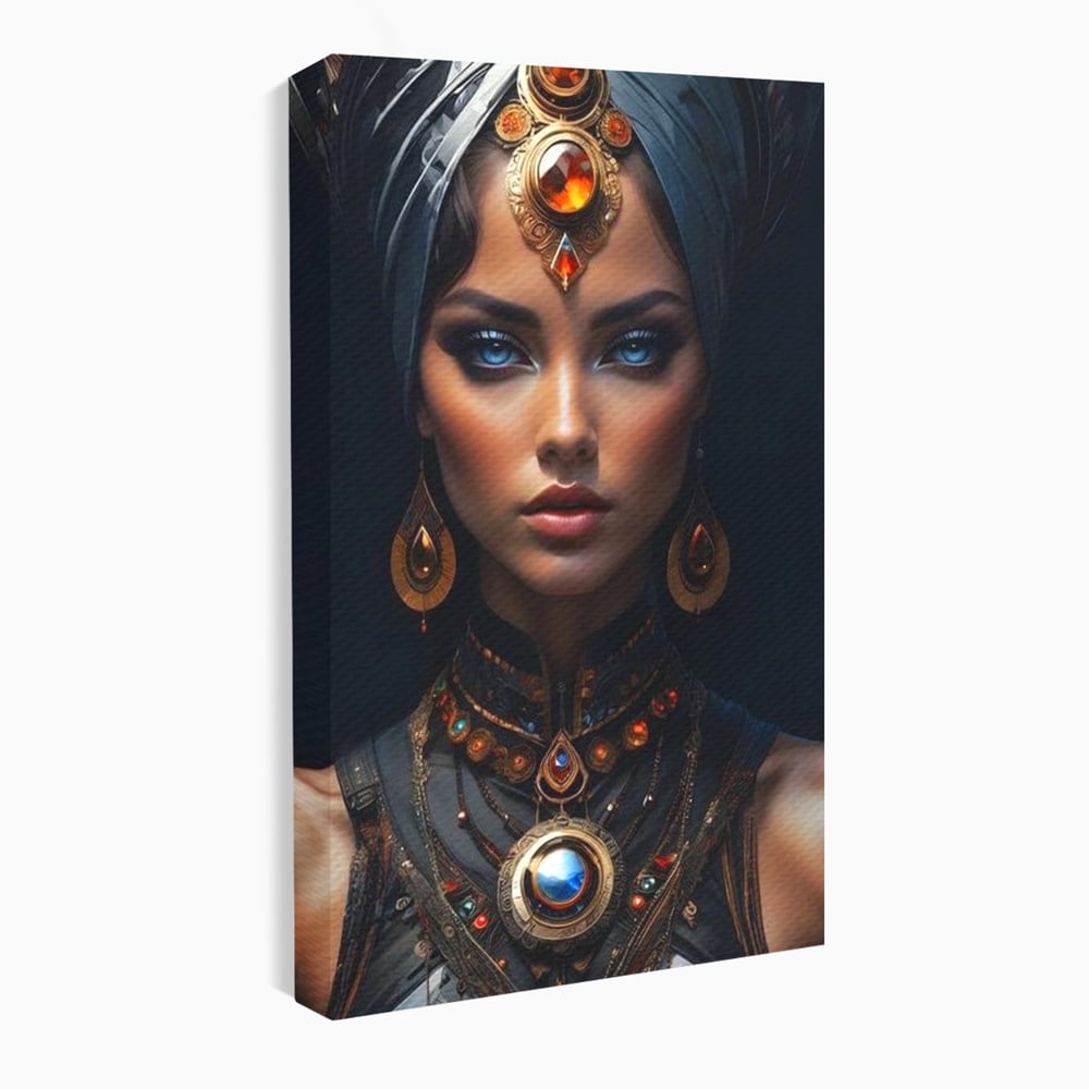 Tablou canvas cu portret de femeie cu turbant si bijuterii, fara rama, pe sasiu de lemn