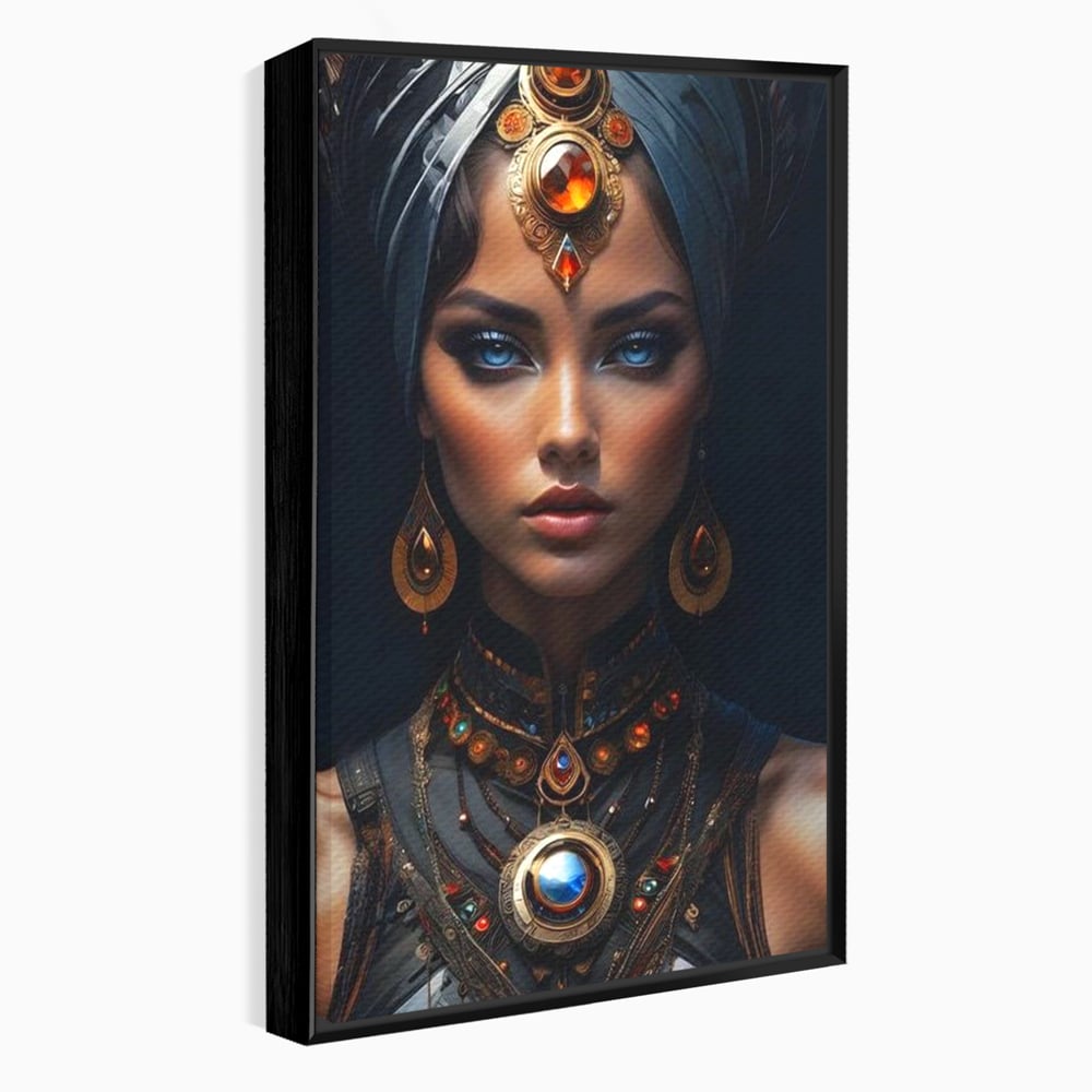 Tablou canvas cu portret de femeie cu turbant si bijuterii, in rama de aluminiu negru