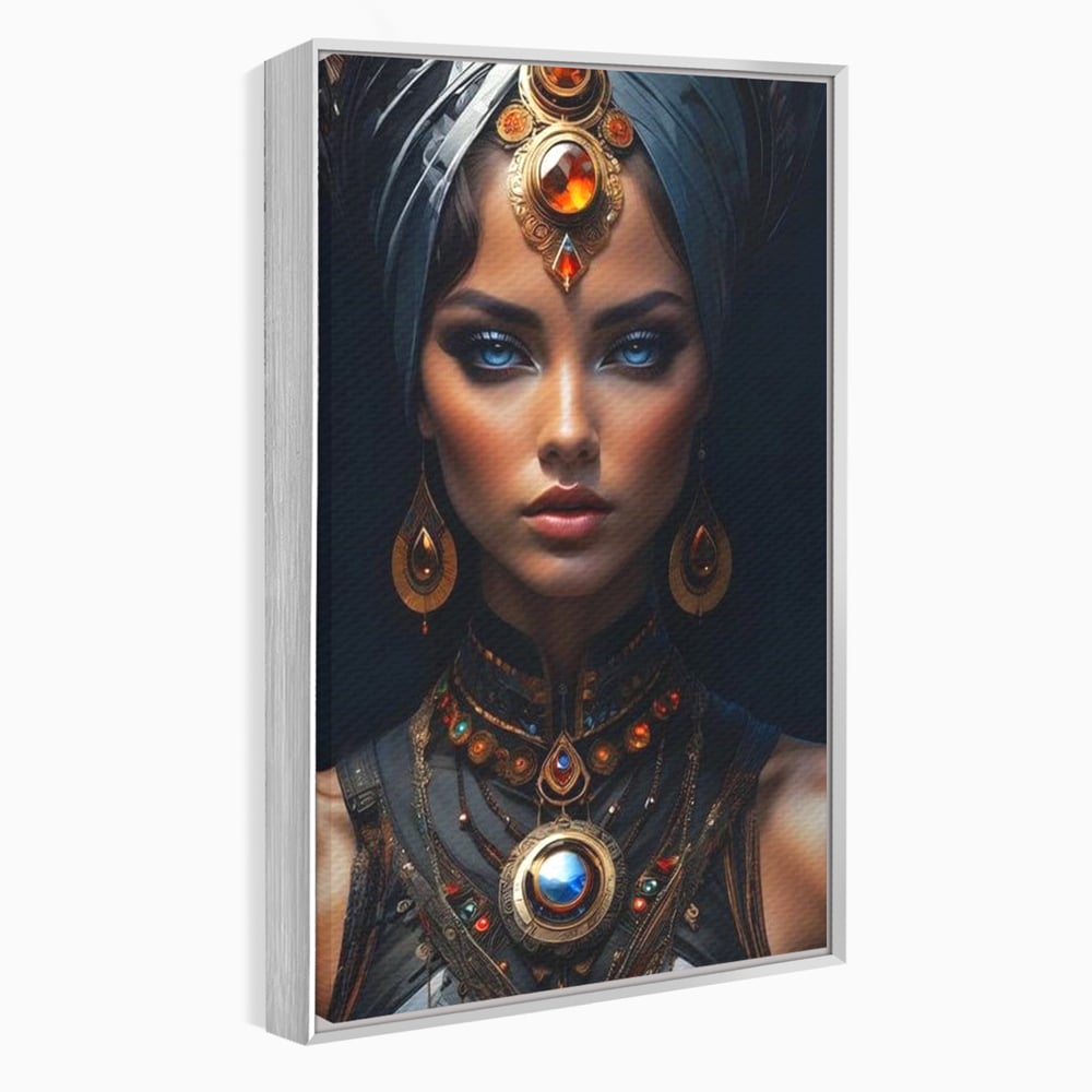 Tablou canvas cu portret de femeie cu turbant si bijuterii, in rama de aluminiu argintiu