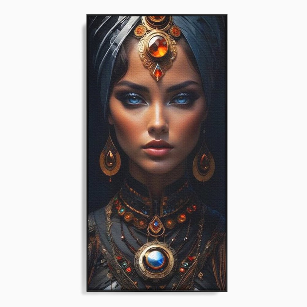 Tablou canvas cu portret de femeie cu turbant si bijuterii, in rama de aluminiu negru