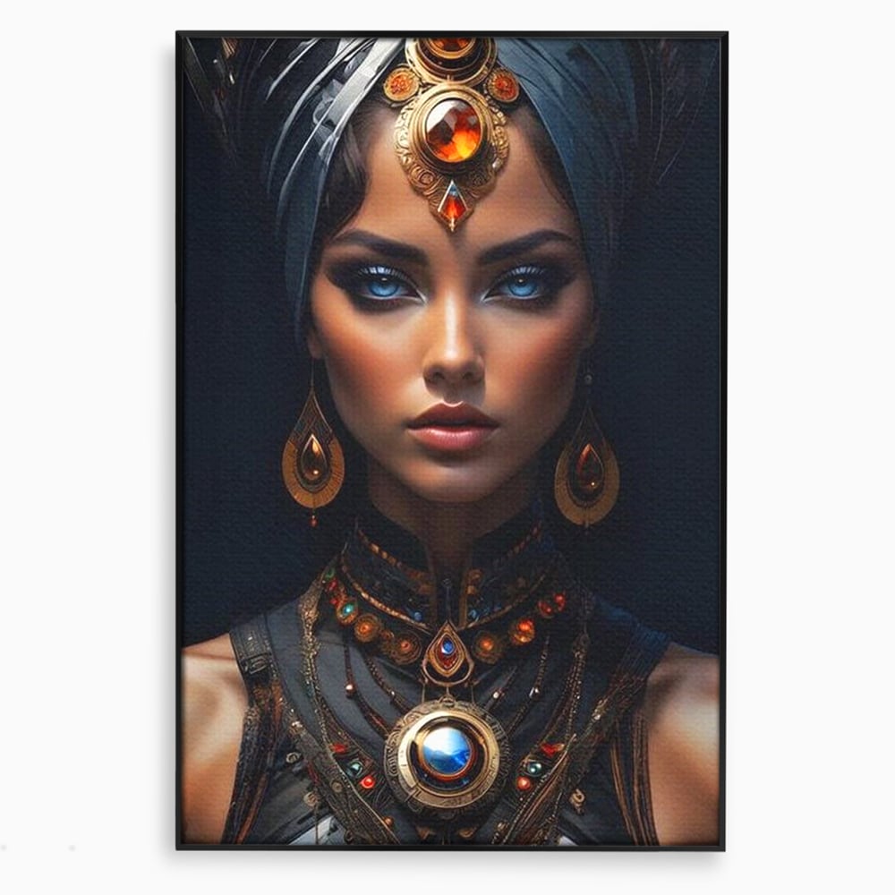 Tablou canvas cu portret de femeie cu turbant si bijuterii, in rama de aluminiu negru
