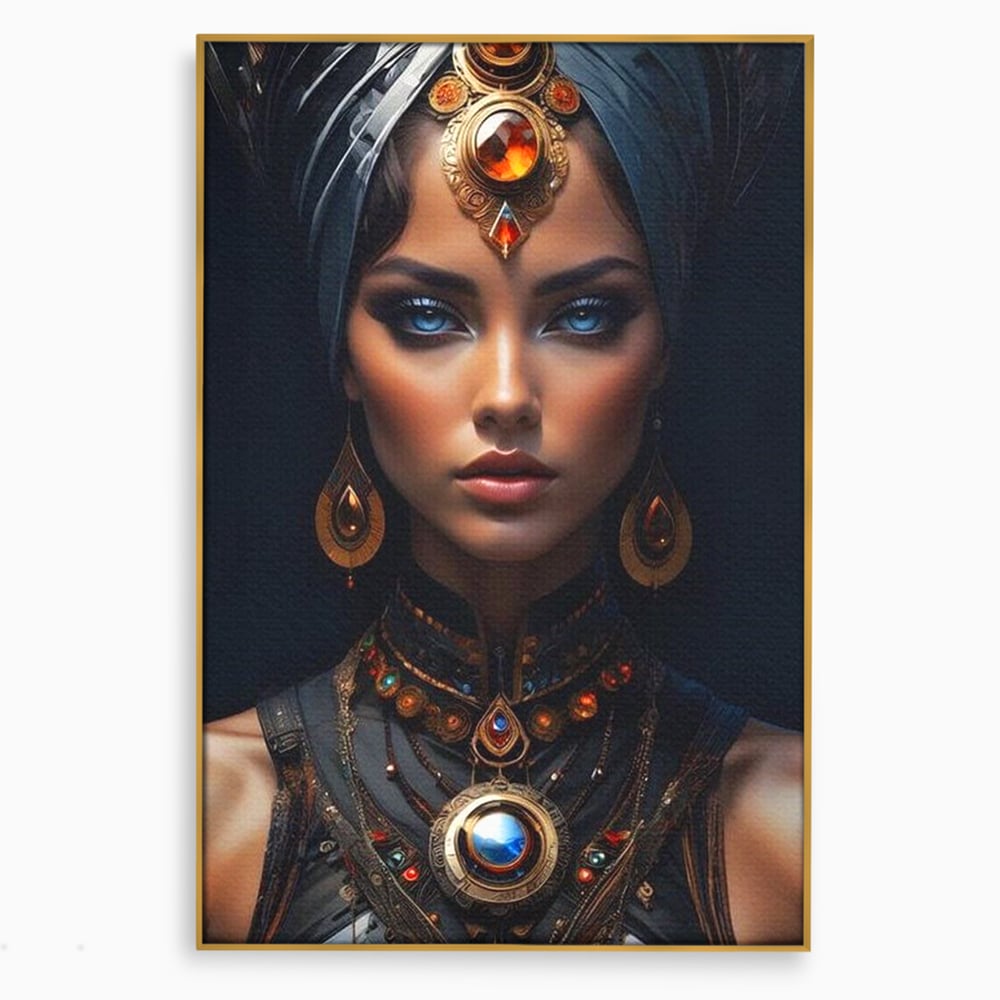 Tablou canvas cu portret de femeie cu turbant si bijuterii, in rama de aluminiu auriu