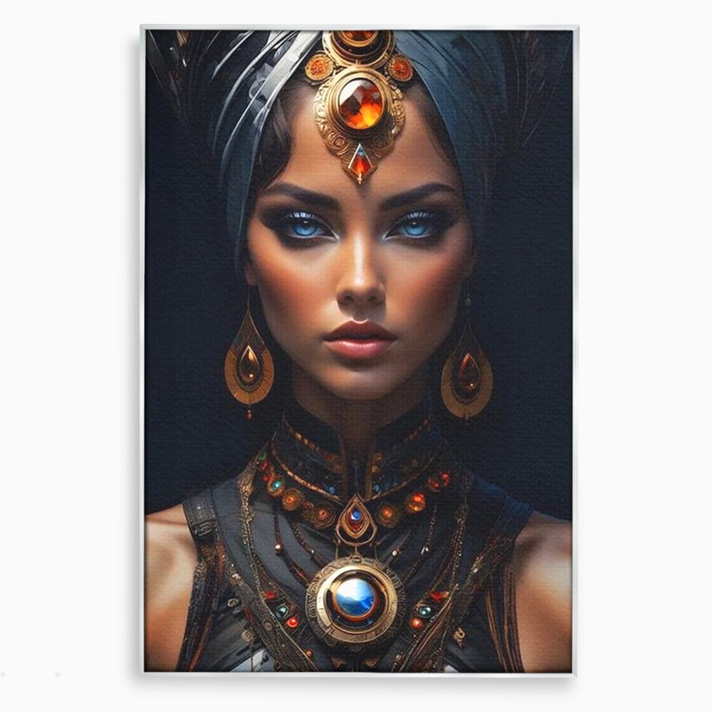 Tablou canvas cu portret de femeie cu turbant si bijuterii, in rama de aluminiu argintiu