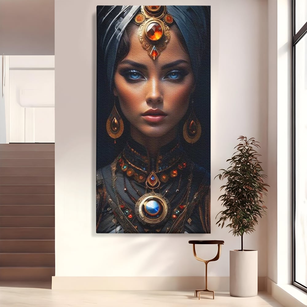 Tablou canvas cu portret de femeie cu turbant si bijuterii, fara rama, pe sasiu de lemn