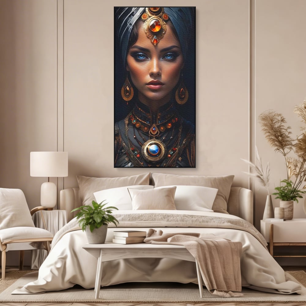 Tablou canvas cu portret de femeie cu turbant si bijuterii, in rama de aluminiu negru, pe perete intr-un dormitor