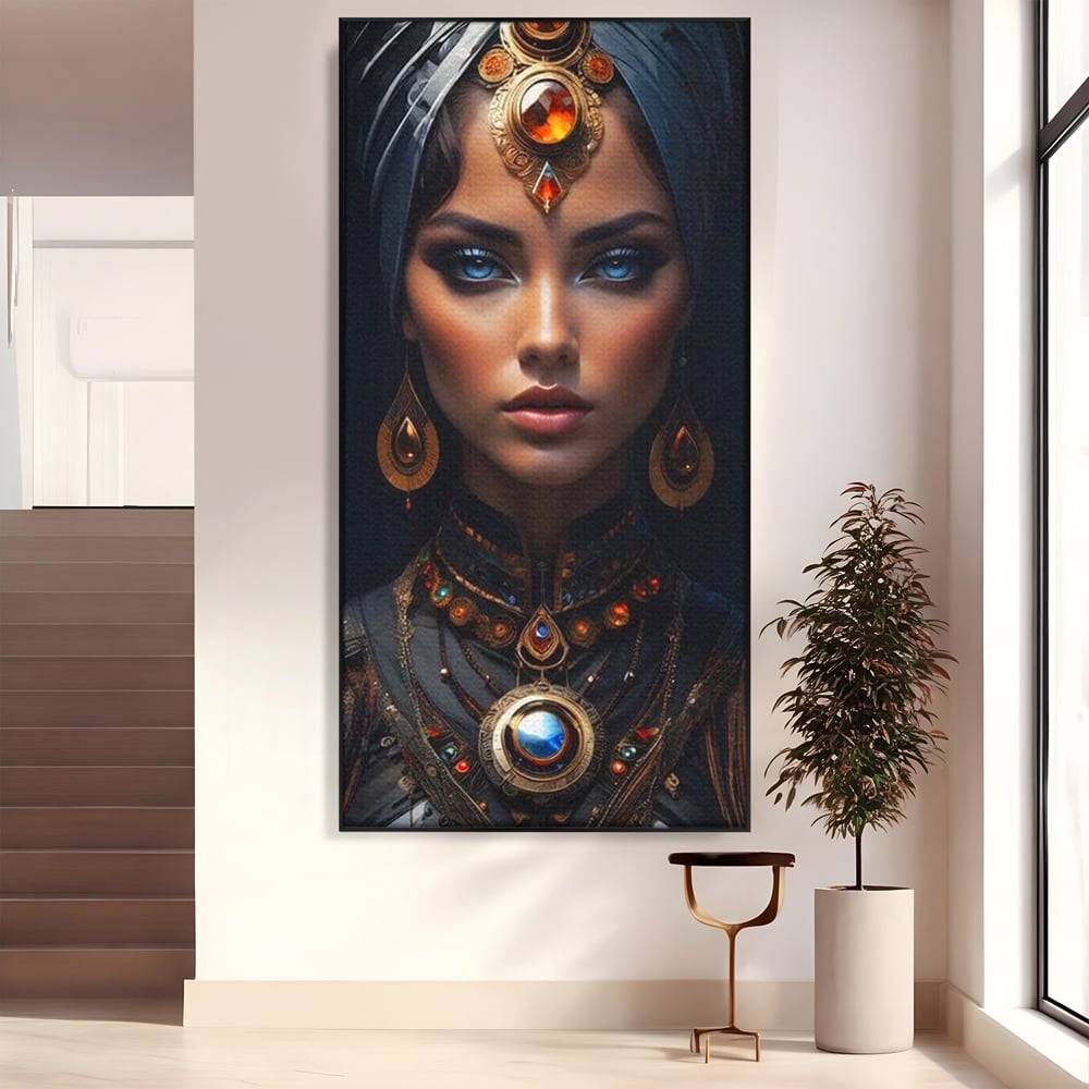 Tablou canvas cu portret de femeie cu turbant si bijuterii, in rama de aluminiu negru