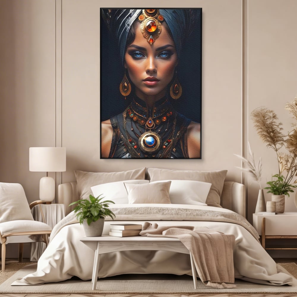 Tablou canvas cu portret de femeie cu turbant si bijuterii, in rama de aluminiu negru, pe perete intr-un dormitor