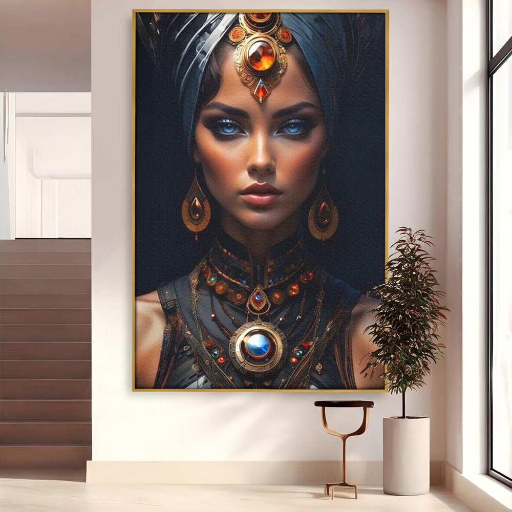 Tablou canvas cu portret de femeie cu turbant si bijuterii, in rama de aluminiu auriu