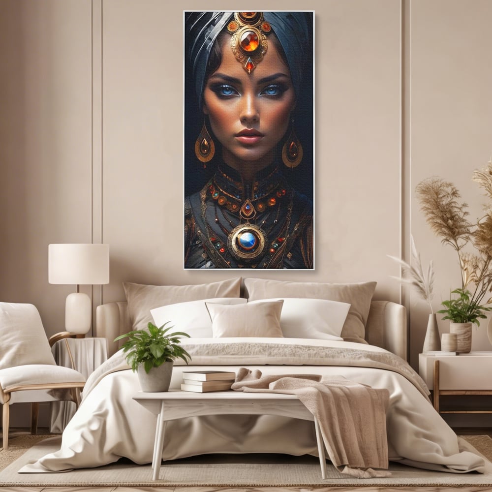 Tablou canvas cu portret de femeie cu turbant si bijuterii, in rama de aluminiu argintiu, pe perete intr-un dormitor