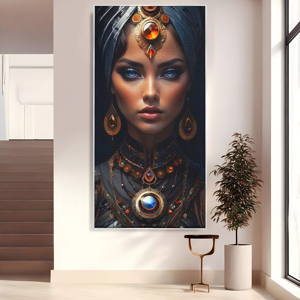 Tablou canvas cu portret de femeie cu turbant si bijuterii, in rama de aluminiu argintiu