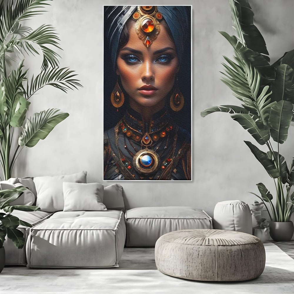 Tablou canvas cu portret de femeie cu turbant si bijuterii, in rama de aluminiu argintiu, pe perete intr-un living
