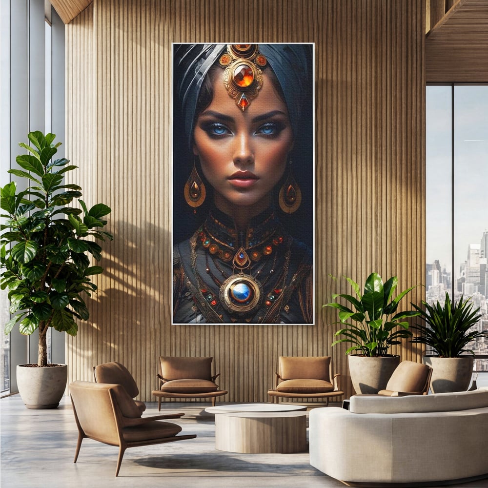 Tablou canvas cu portret de femeie cu turbant si bijuterii, in rama de aluminiu argintiu, pe perete intr-un birou