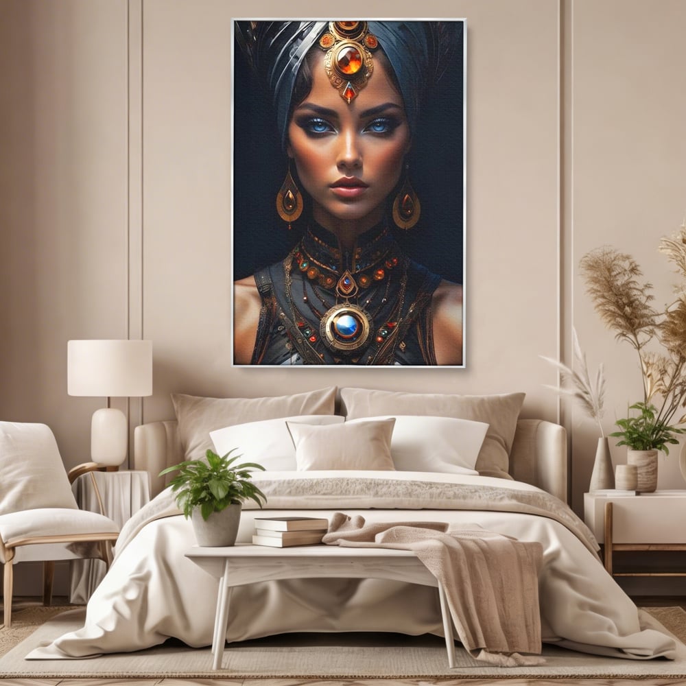 Tablou canvas cu portret de femeie cu turbant si bijuterii, in rama de aluminiu argintiu, pe perete intr-un dormitor