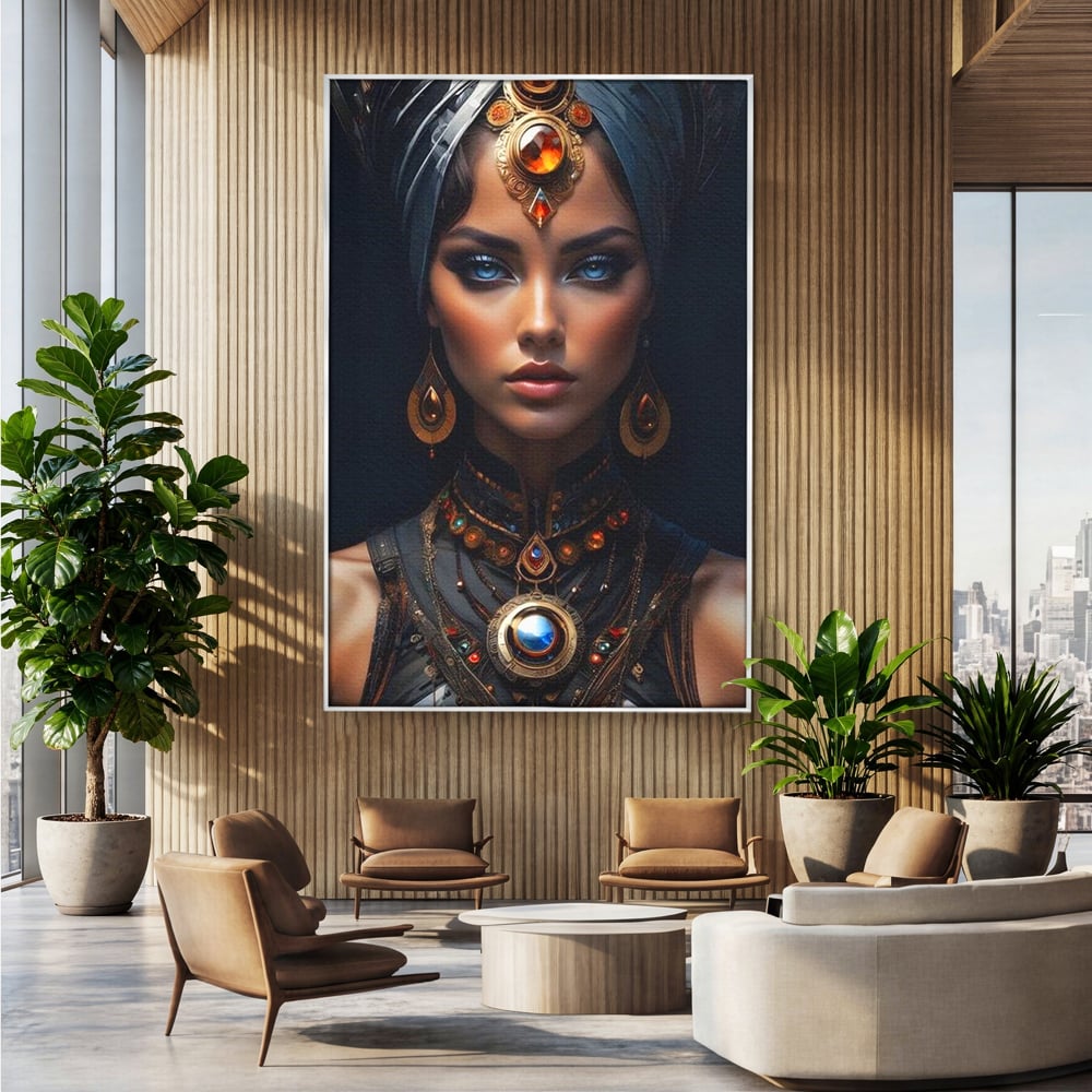 Tablou canvas cu portret de femeie cu turbant si bijuterii, in rama de aluminiu argintiu, pe perete intr-un birou