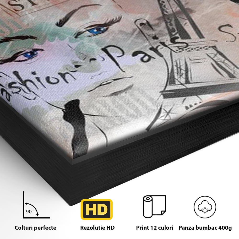 Detaliu al suprafetei: ilustratia digitala cu tematica fashion, in rama de aluminiu negru