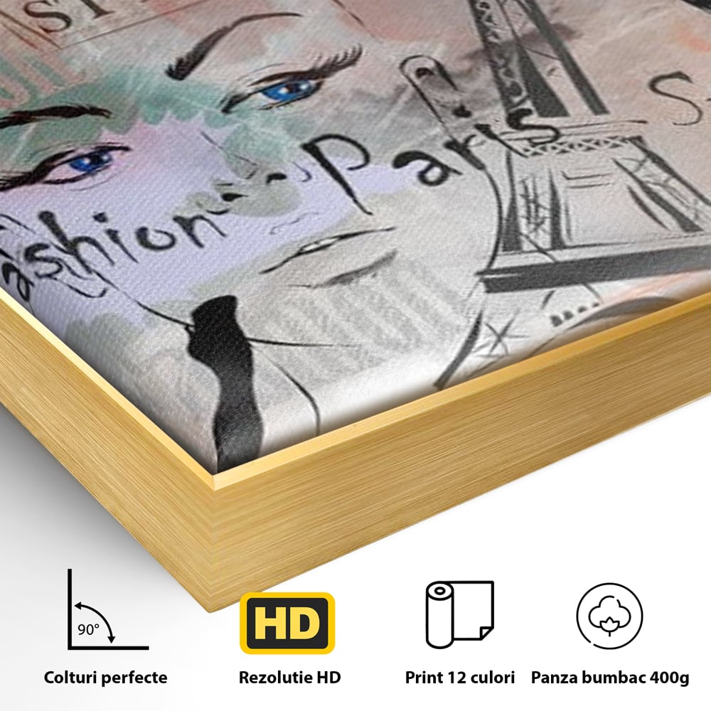 Detaliu al suprafetei: ilustratia digitala cu tematica fashion, in rama de aluminiu auriu