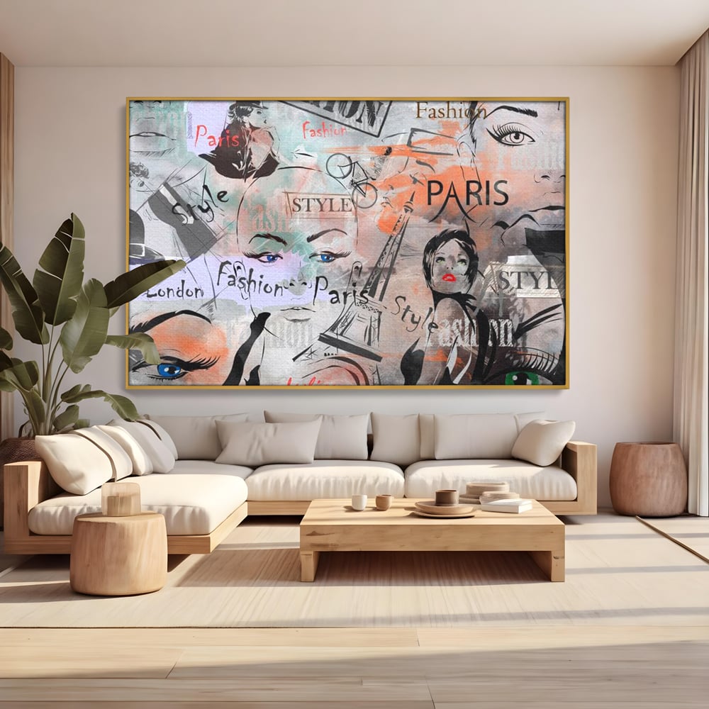 Tablou canvas cu ilustratia digitala cu tematica fashion, in rama de aluminiu auriu, pe perete intr-un living