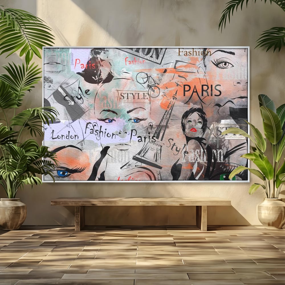 Tablou canvas cu ilustratia digitala cu tematica fashion, in rama de aluminiu argintiu