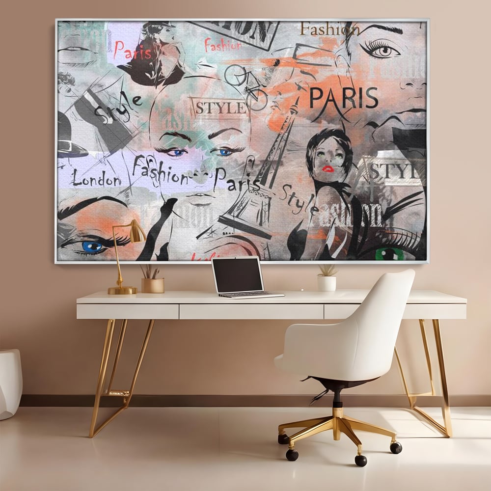 Tablou canvas cu ilustratia digitala cu tematica fashion, in rama de aluminiu argintiu, pe perete intr-un birou