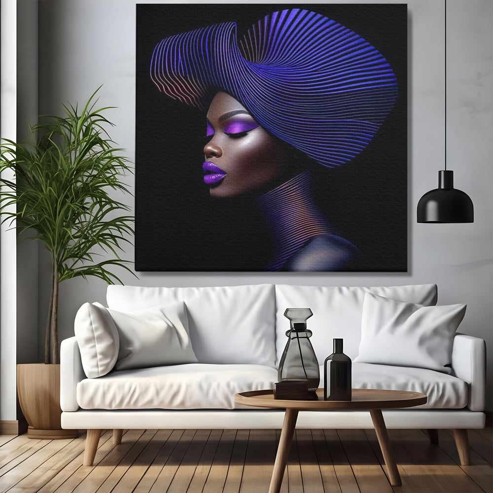 Tablou canvas cu portret digital de femeie cu fusta plisata, fara rama, pe sasiu de lemn, pe perete intr-un living