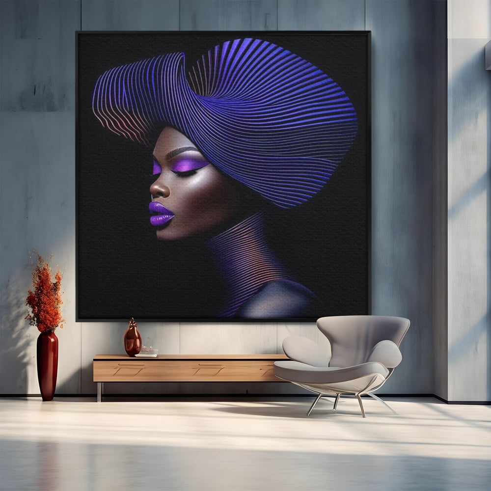 Tablou canvas cu portret digital de femeie cu fusta plisata, in rama de aluminiu negru