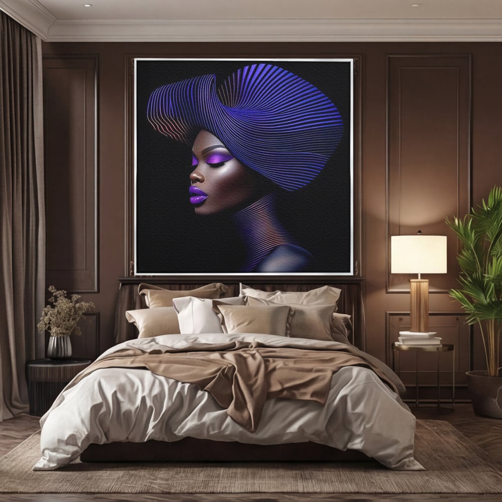 Tablou canvas cu portret digital de femeie cu fusta plisata, in rama de aluminiu argintiu, pe perete intr-un dormitor