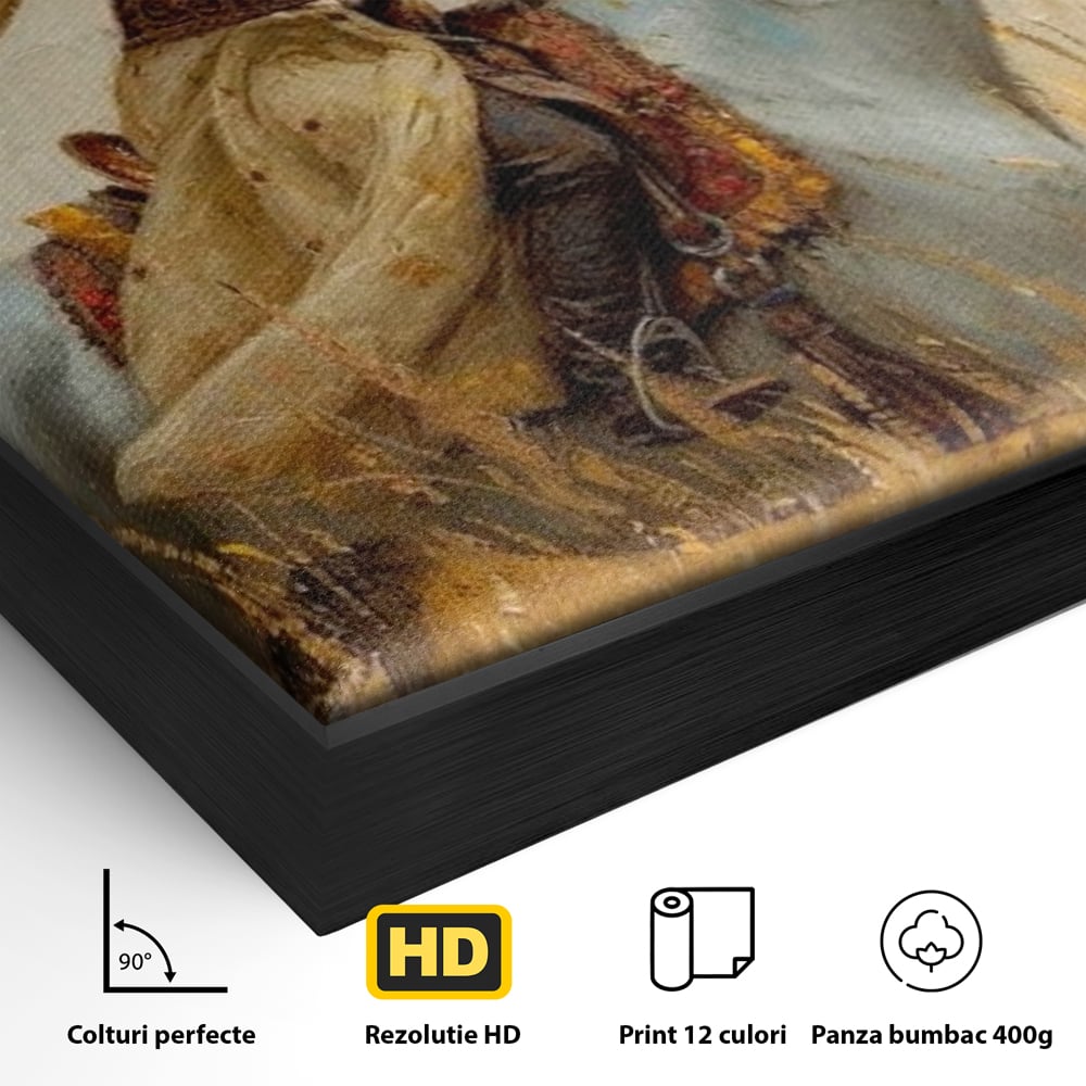 Detaliu al suprafetei: tablou canvas cu femeie calare, in rama de aluminiu negru