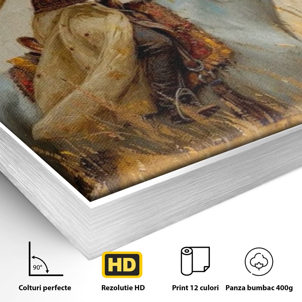 Detaliu al suprafetei: tablou canvas cu femeie calare, in rama de aluminiu argintiu