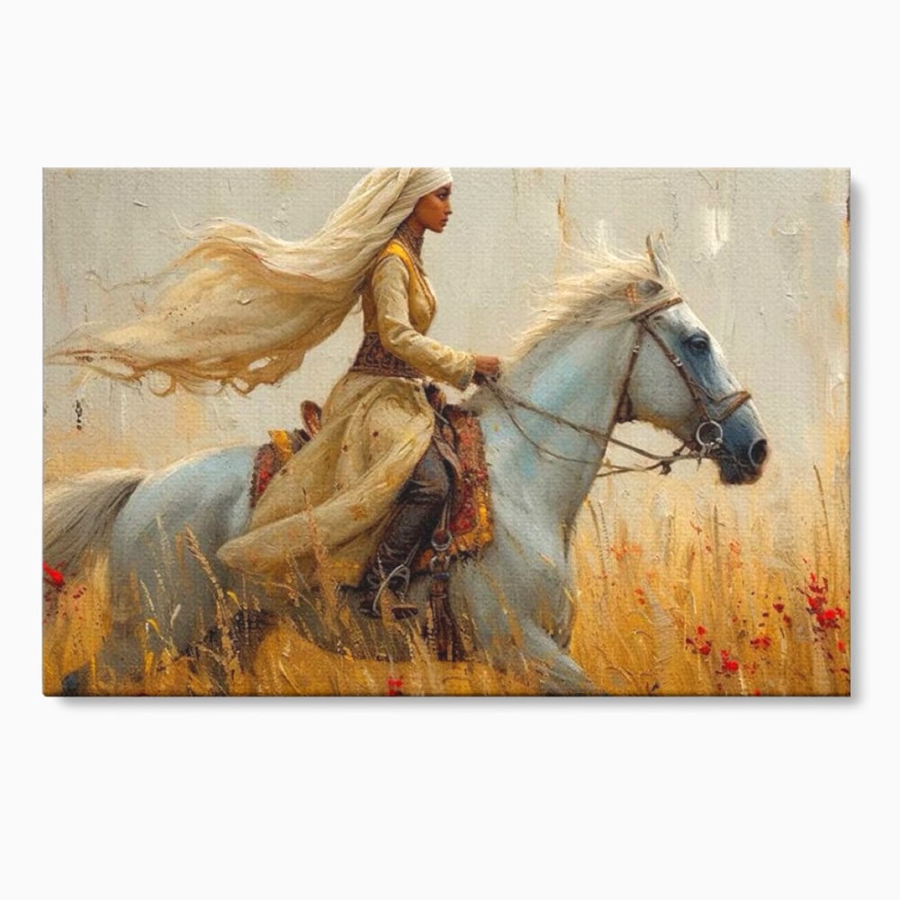 Tablou canvas cu tablou canvas cu femeie calare, fara rama, pe sasiu de lemn