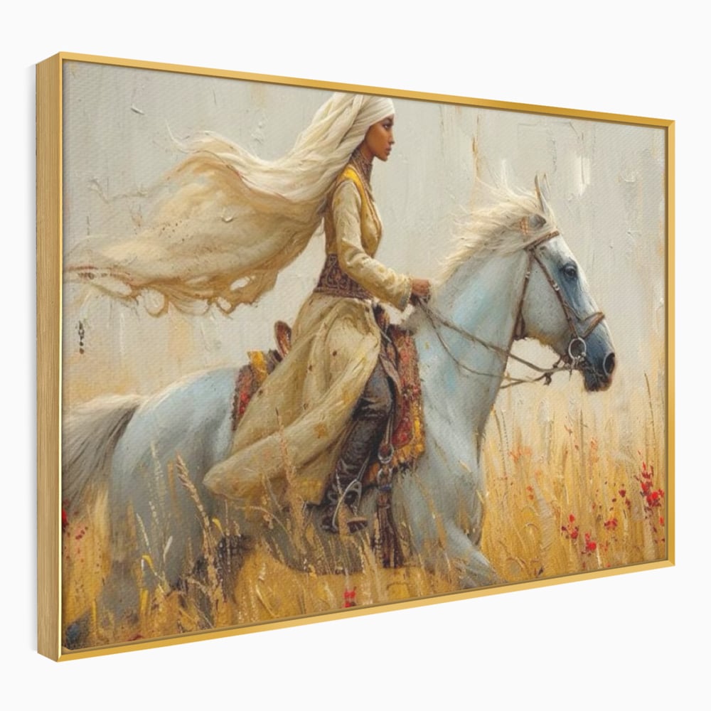 Tablou canvas cu tablou canvas cu femeie calare, in rama de aluminiu auriu