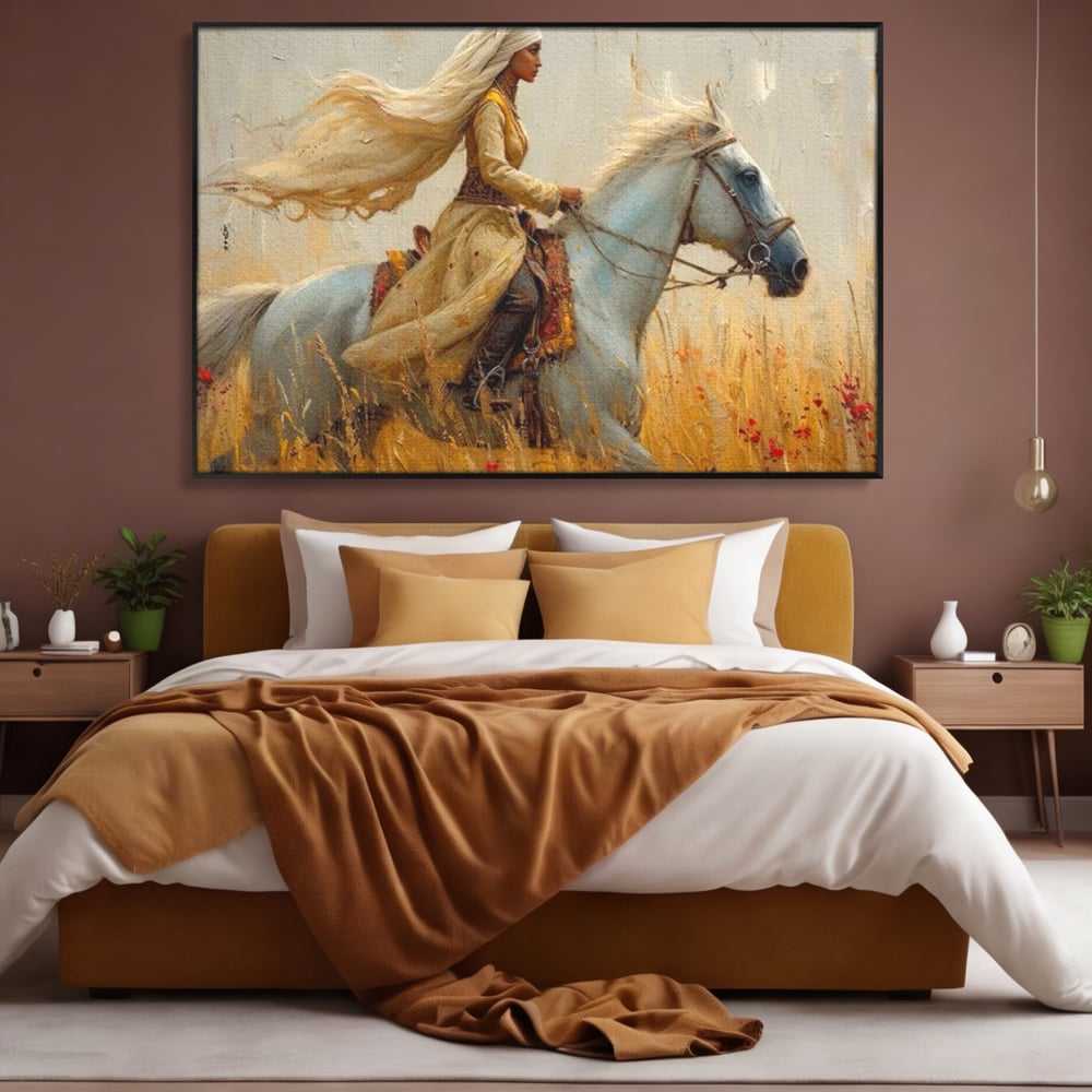 Tablou canvas cu tablou canvas cu femeie calare, in rama de aluminiu negru, pe perete intr-un dormitor