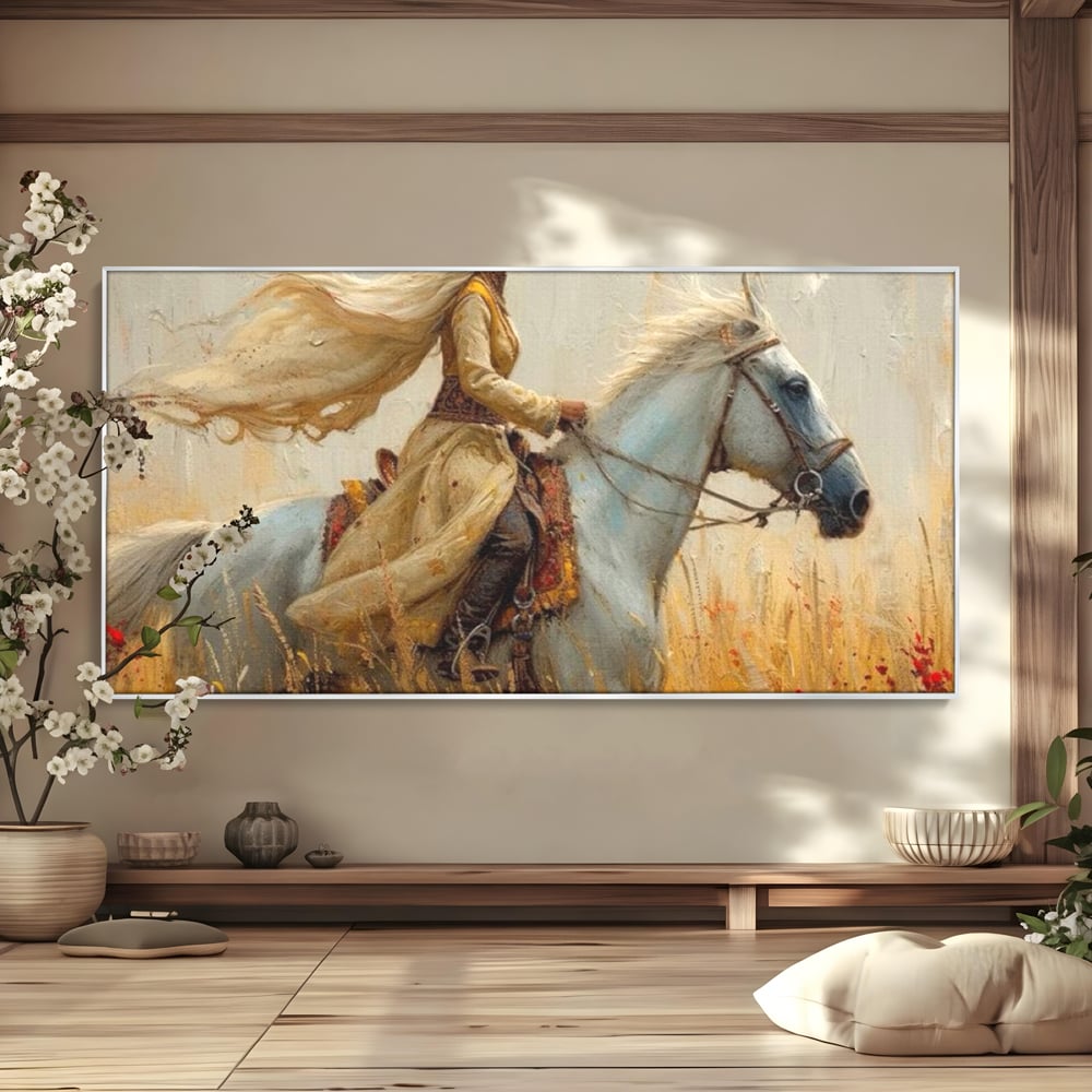 Tablou canvas cu tablou canvas cu femeie calare, in rama de aluminiu argintiu