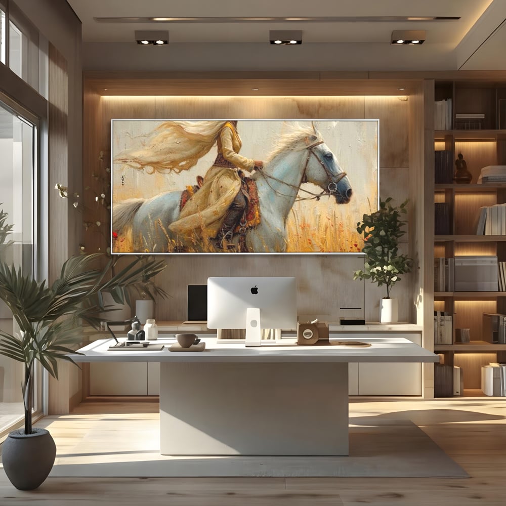 Tablou canvas cu tablou canvas cu femeie calare, in rama de aluminiu argintiu, pe perete intr-un birou