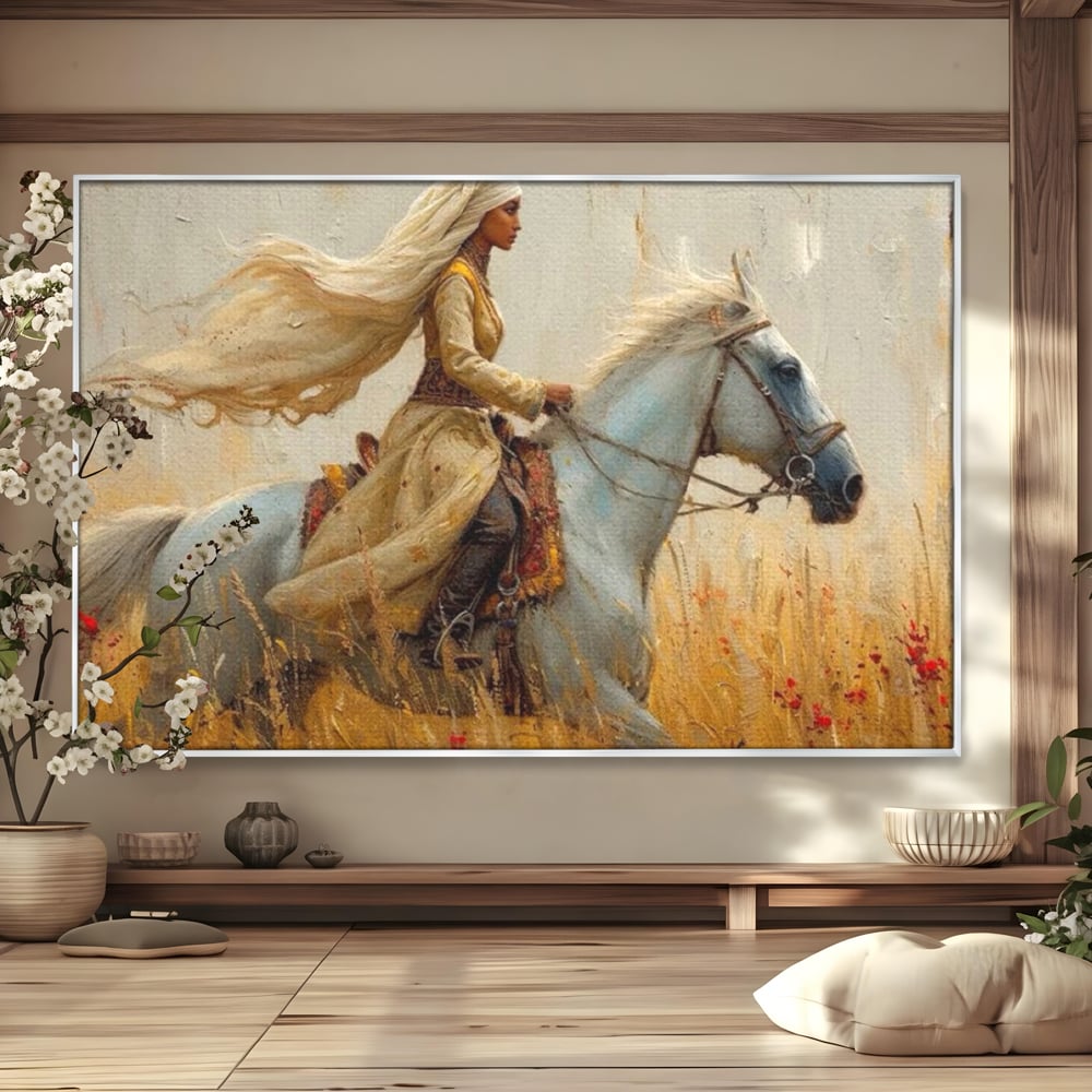 Tablou canvas cu tablou canvas cu femeie calare, in rama de aluminiu argintiu