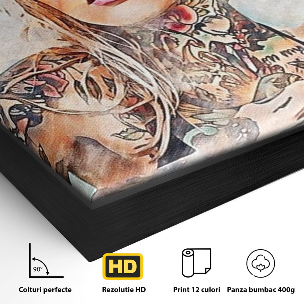 Detaliu al suprafetei: tablou canvas cu femeie tatuata, in rama de aluminiu negru