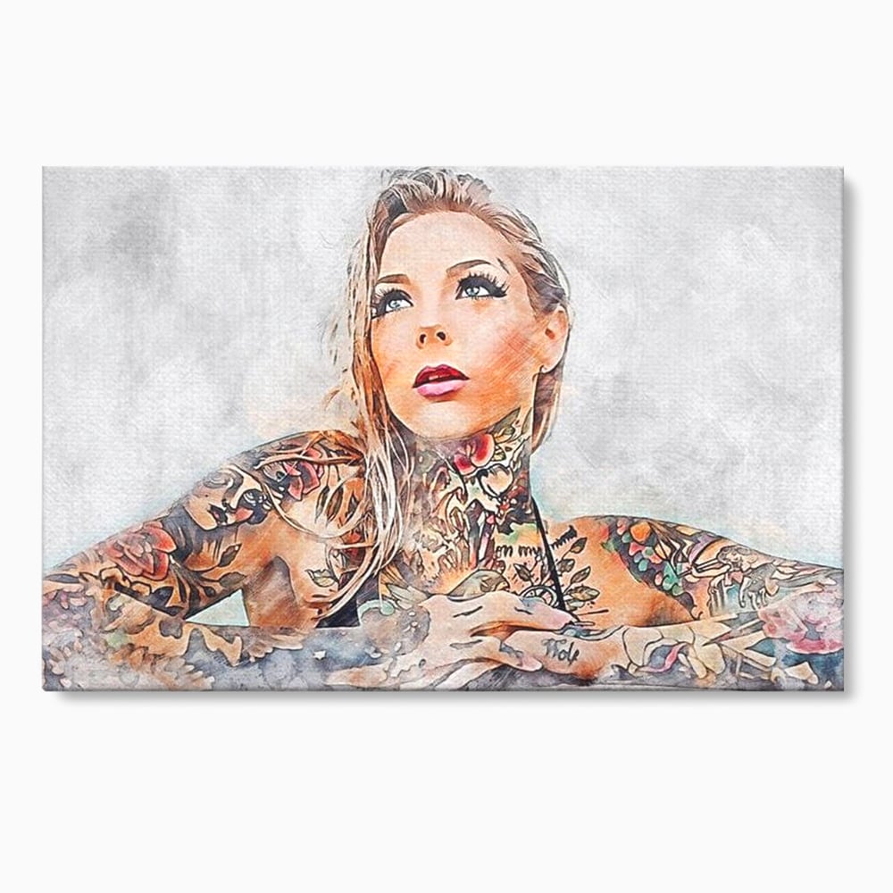 Tablou canvas cu tablou canvas cu femeie tatuata, fara rama, pe sasiu de lemn