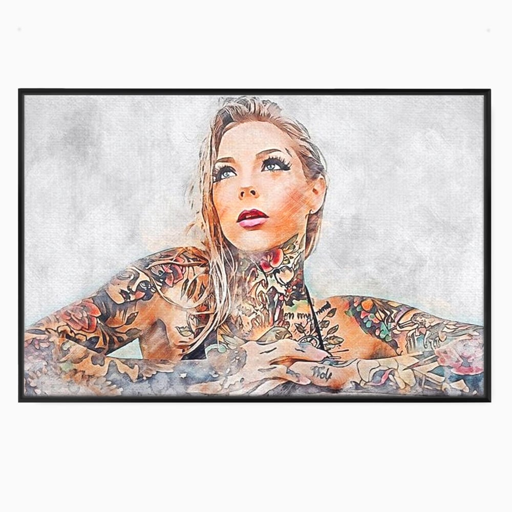 Tablou canvas cu tablou canvas cu femeie tatuata, in rama de aluminiu negru