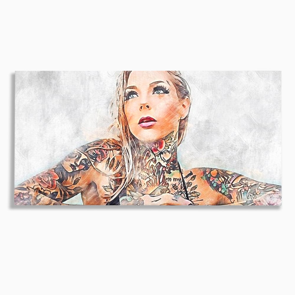 Tablou canvas cu tablou canvas cu femeie tatuata, fara rama, pe sasiu de lemn