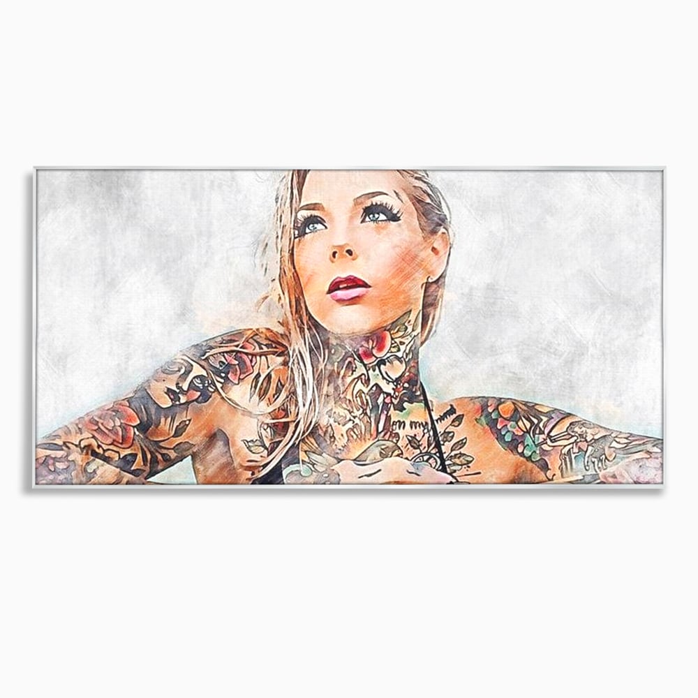 Tablou canvas cu tablou canvas cu femeie tatuata, in rama de aluminiu argintiu