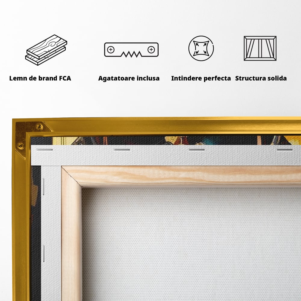 Spatele produsului, cu sasiu din lemn, capse metalice si agatatoare