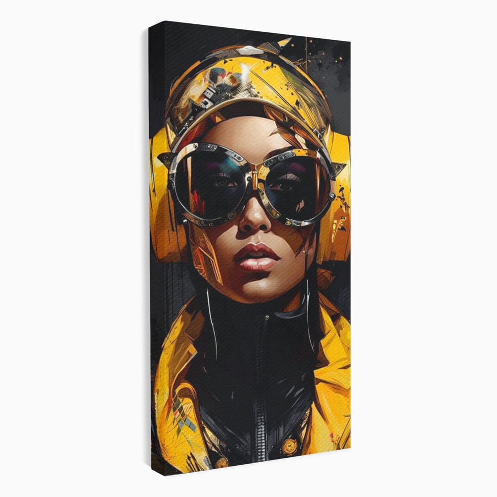Tablou canvas cu portret digital cu femeie cyber galbena, fara rama, pe sasiu de lemn
