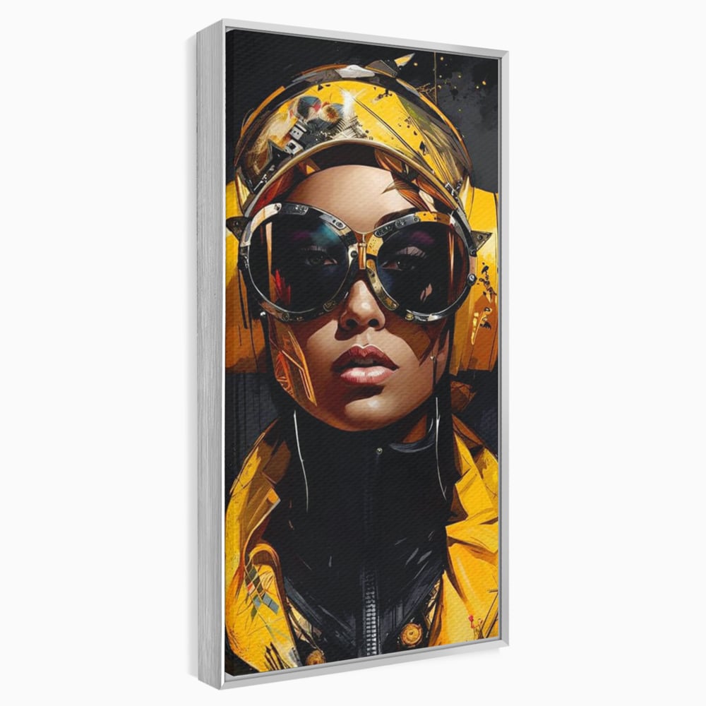 Tablou canvas cu portret digital cu femeie cyber galbena, in rama de aluminiu argintiu