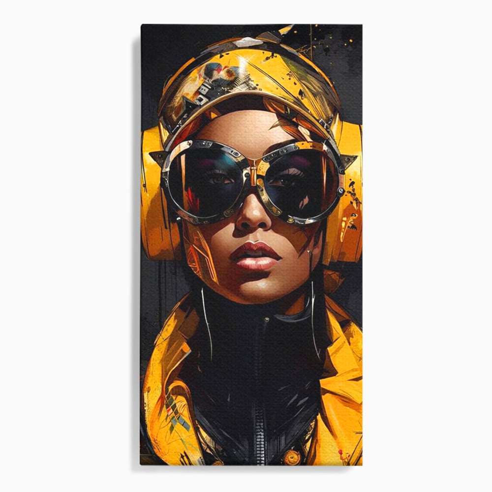 Tablou canvas cu portret digital cu femeie cyber galbena, fara rama, pe sasiu de lemn