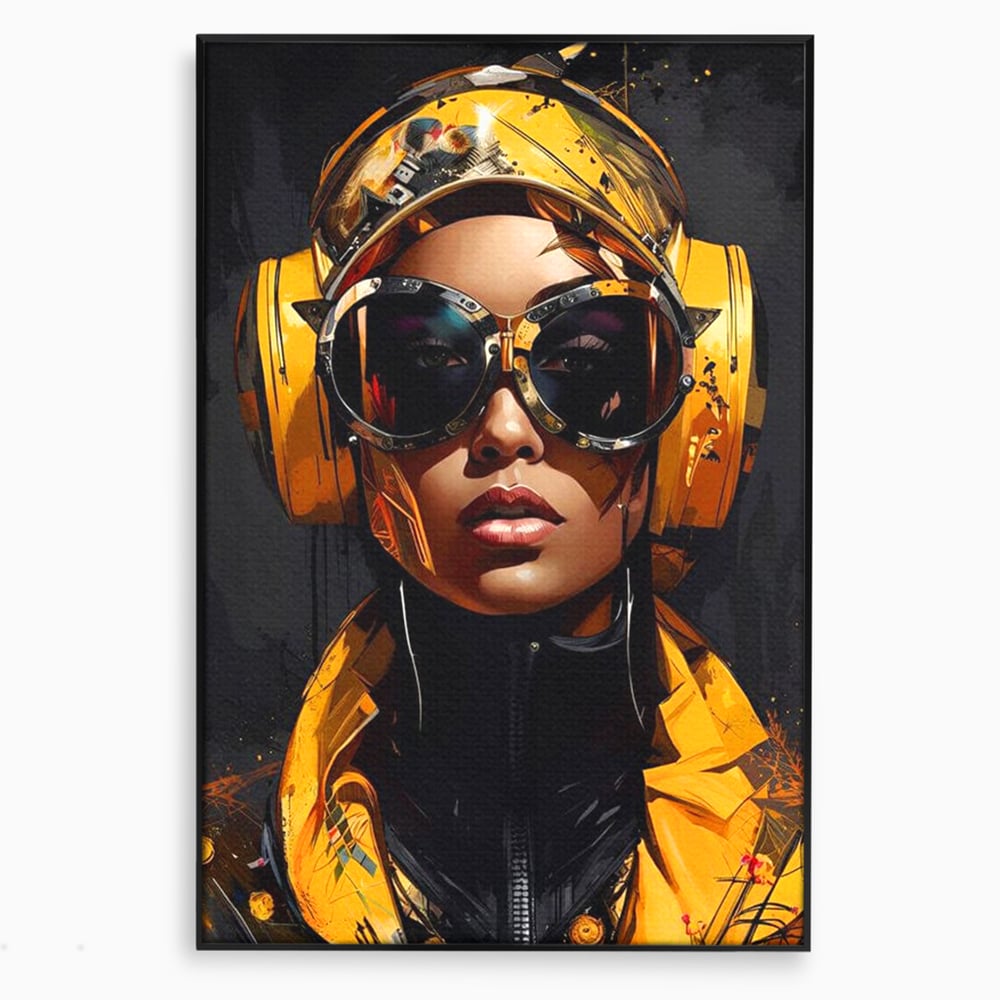 Tablou canvas cu portret digital cu femeie cyber galbena, in rama de aluminiu negru
