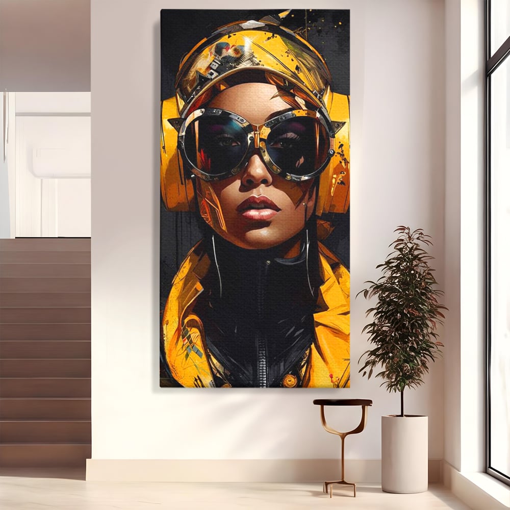 Tablou canvas cu portret digital cu femeie cyber galbena, fara rama, pe sasiu de lemn