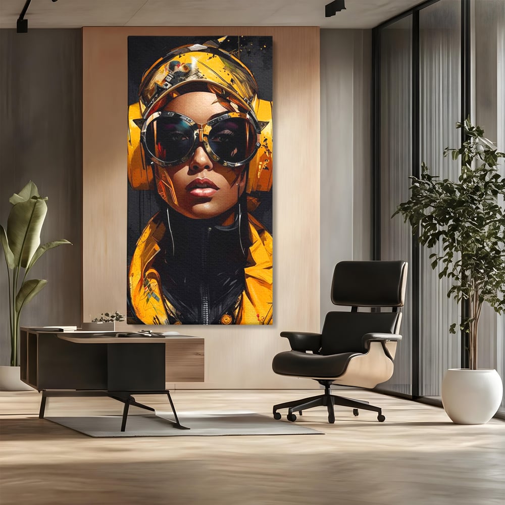 Tablou canvas cu portret digital cu femeie cyber galbena, fara rama, pe sasiu de lemn, pe perete intr-un birou