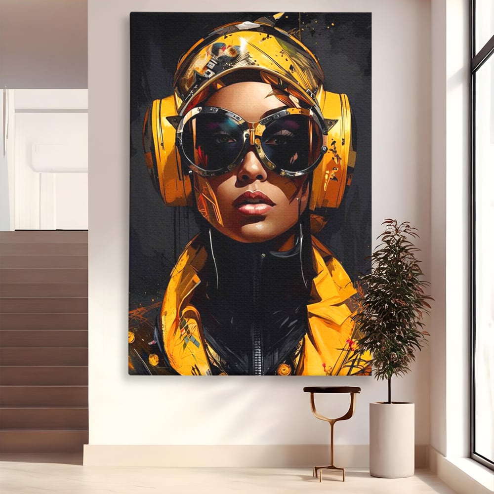 Tablou canvas cu portret digital cu femeie cyber galbena, fara rama, pe sasiu de lemn
