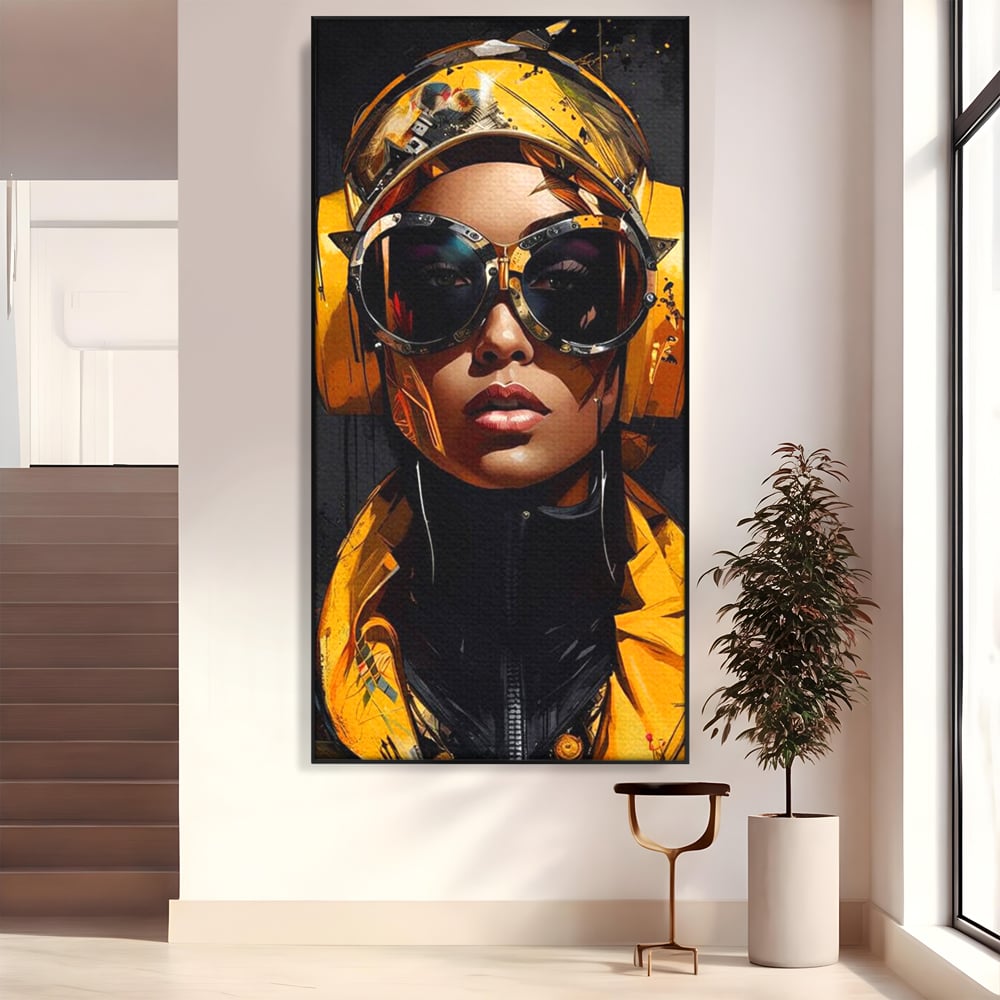 Tablou canvas cu portret digital cu femeie cyber galbena, in rama de aluminiu negru