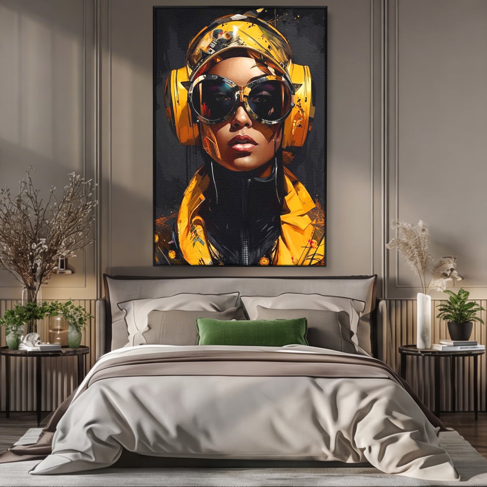 Tablou canvas cu portret digital cu femeie cyber galbena, in rama de aluminiu negru, pe perete intr-un dormitor