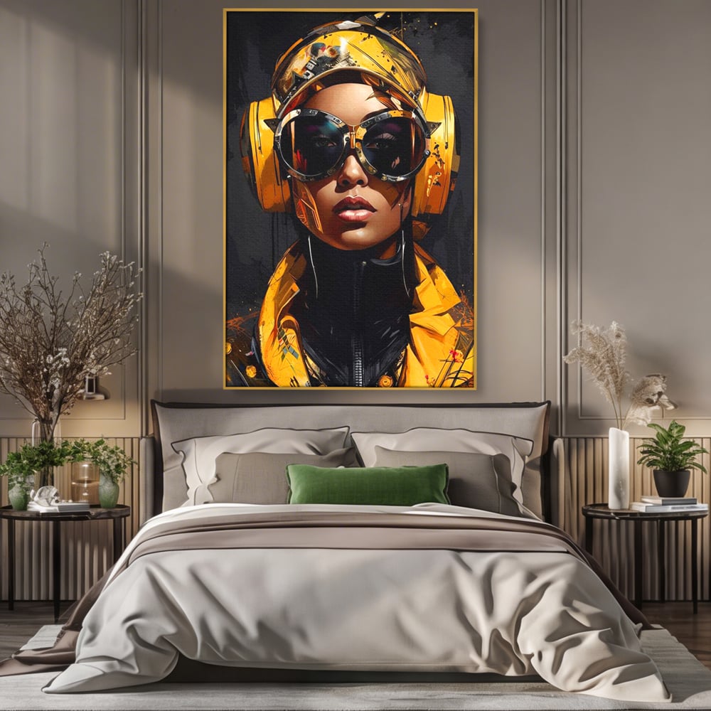 Tablou canvas cu portret digital cu femeie cyber galbena, in rama de aluminiu auriu, pe perete intr-un dormitor